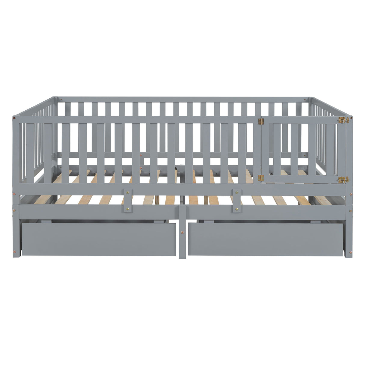 Daybed With Fence Guardrails And 2 Drawers, Split Into Independent Floor Bed & Daybed