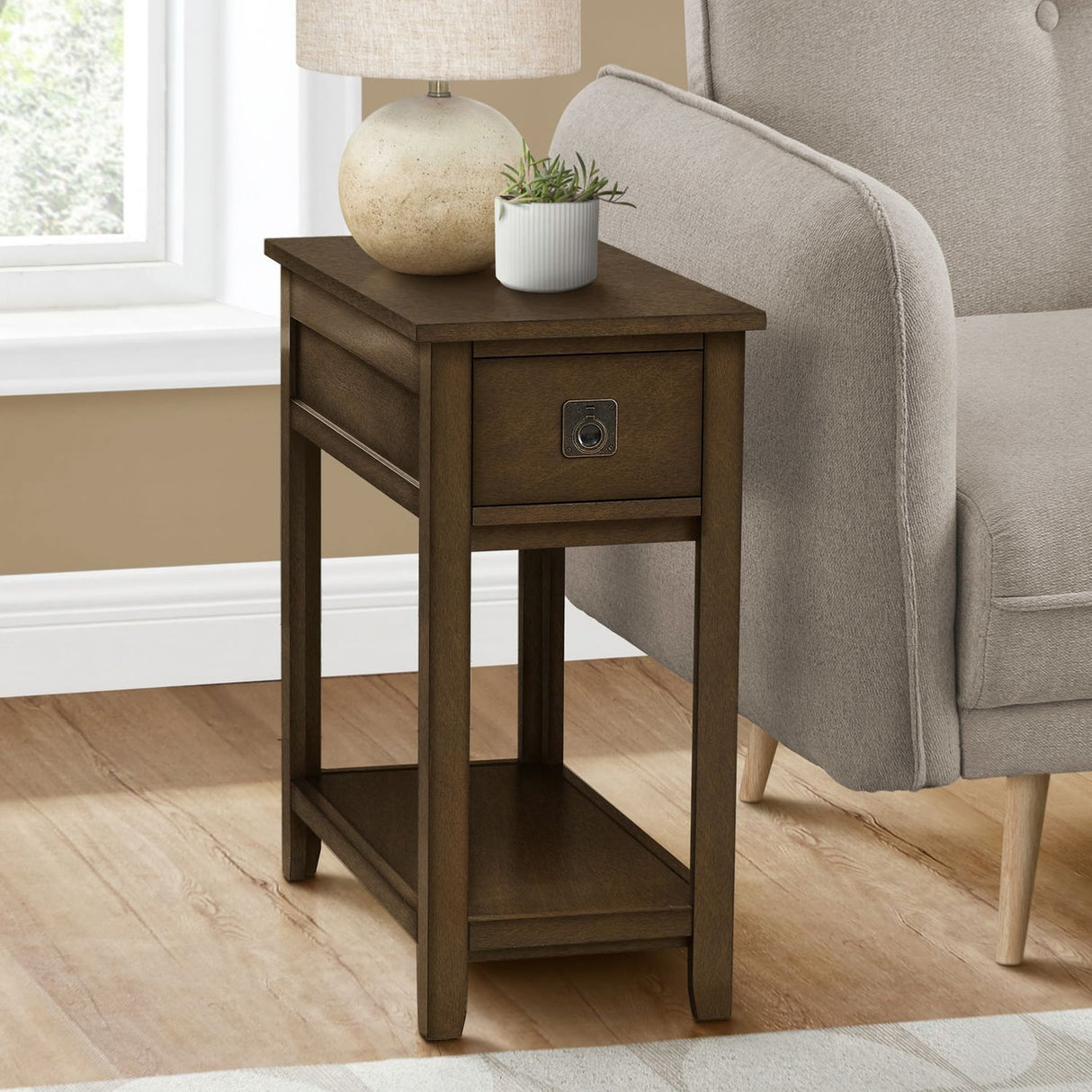 Accent End Table, 2 Tier, Narrow, Lamp, Storage Drawer, Charming Design