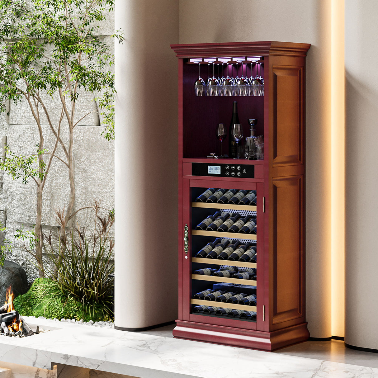 Single Zone Wine Cooler With Tempered Glass Door LED Lighting, 56 Bottle Capacity, Touch Screen Control - Cherry