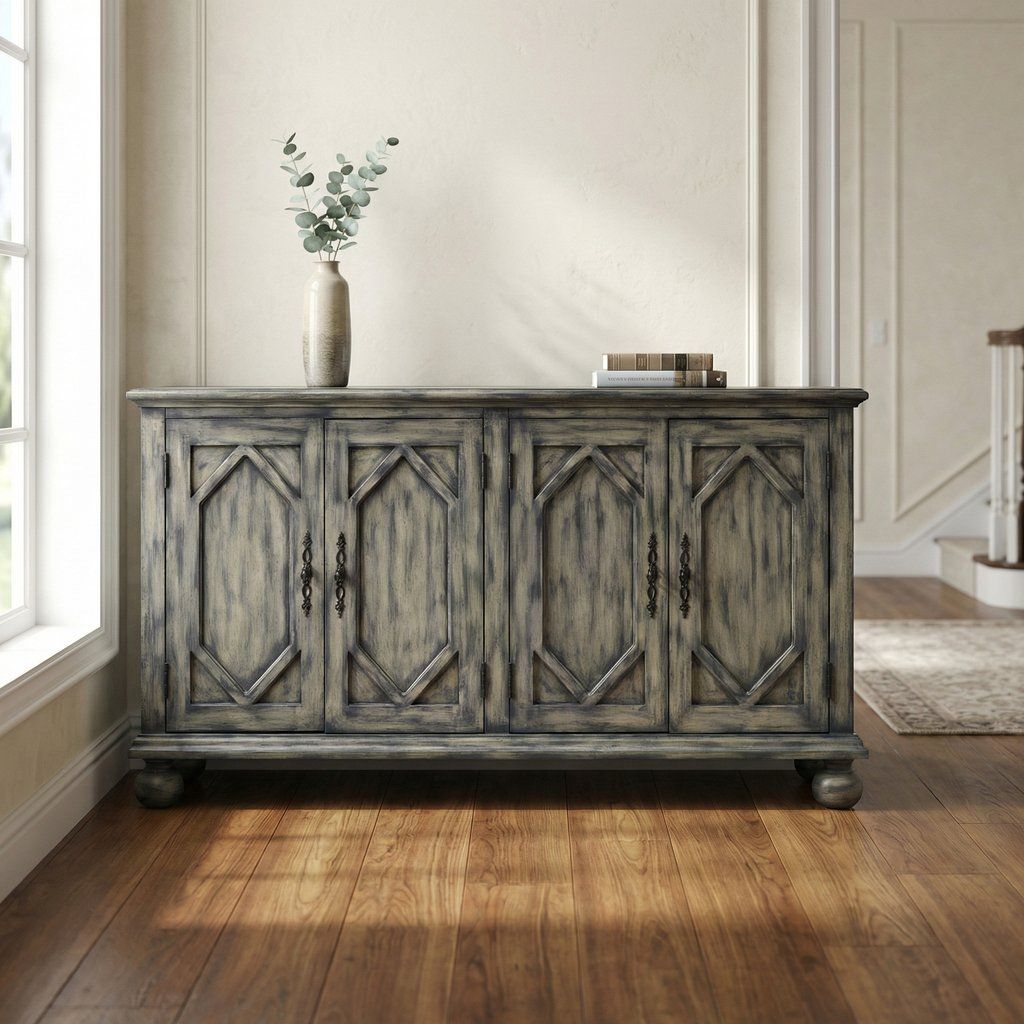 Console Cabinet Sideboard Credenza Patterned Doors Wood 60x32in Dark Gray