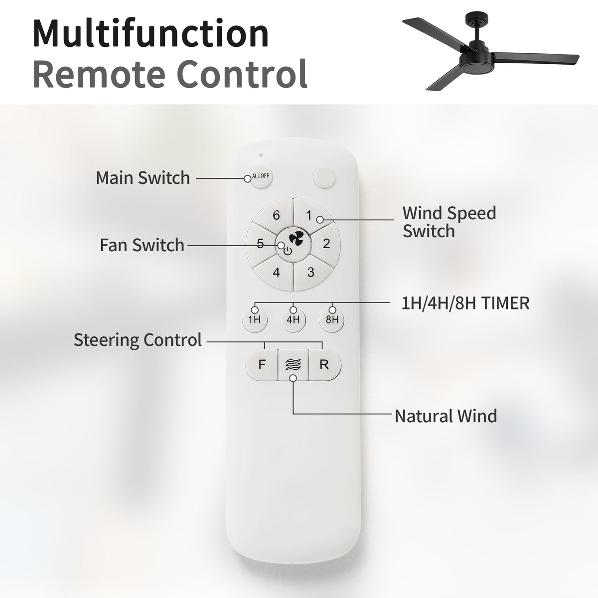 52" Ceiling Fan With Remote Control, 6 Speed Reversible DC Motor, 3 Blades