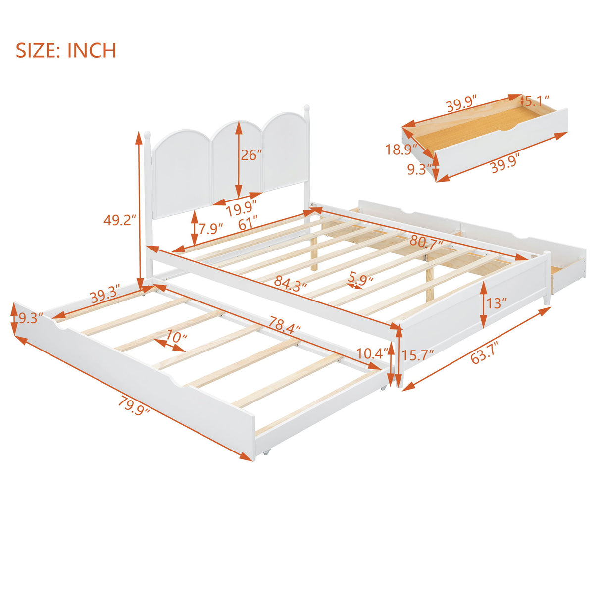 Queen Size Platform Bed With With 2 Big Drawers, Twin Long Size Trundle - White