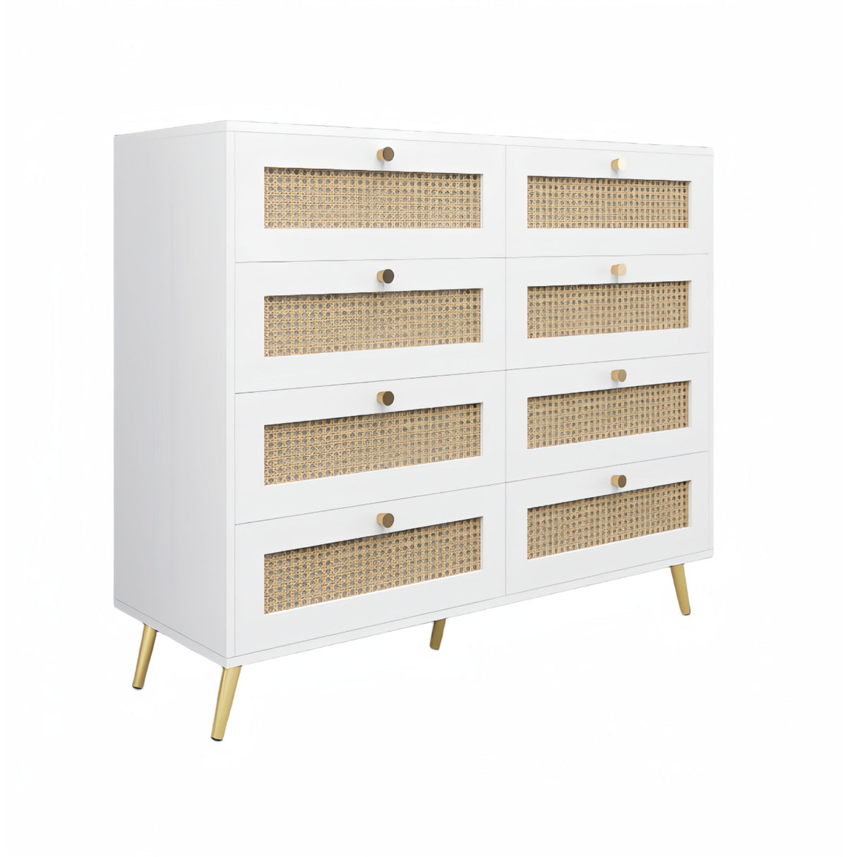 8 Drawers Chest Of Drawers With Rattan Drawer Face Golden Legs And Handles - White