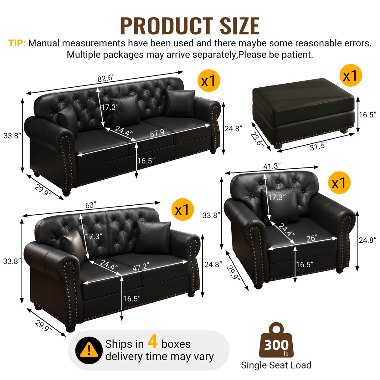 Upholstered Sofa With Nailhead Trim, Rolled Armrests With Ottoman