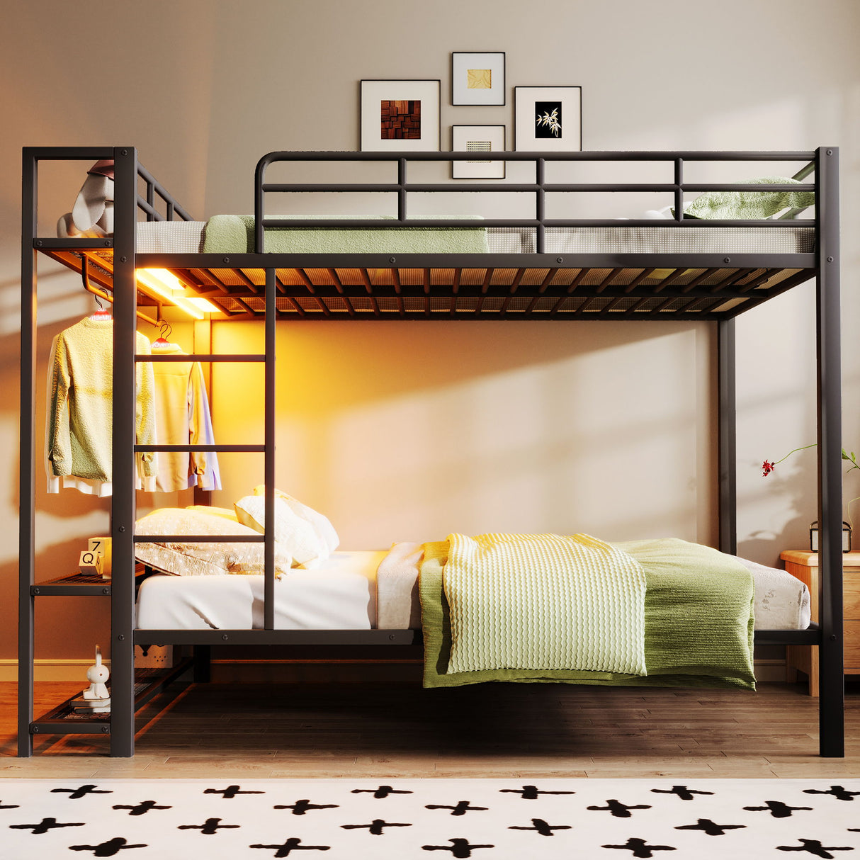 Bunk Bed With Storage Shelves, Clothes Hooks, LED Light