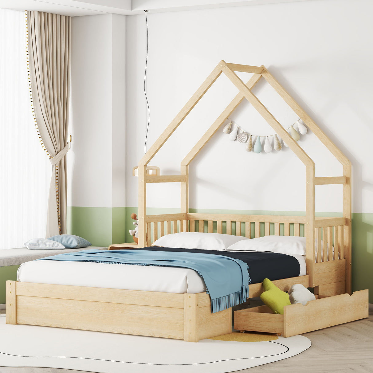 House Style Platform Bed With Guardrail And 2 Drawers