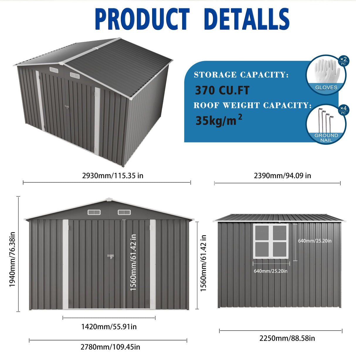 Large Metal Outdoor Storage Shed With Lockable Door, Air Vent, And Clear Window For Garden Tools And Bicycles - Gray