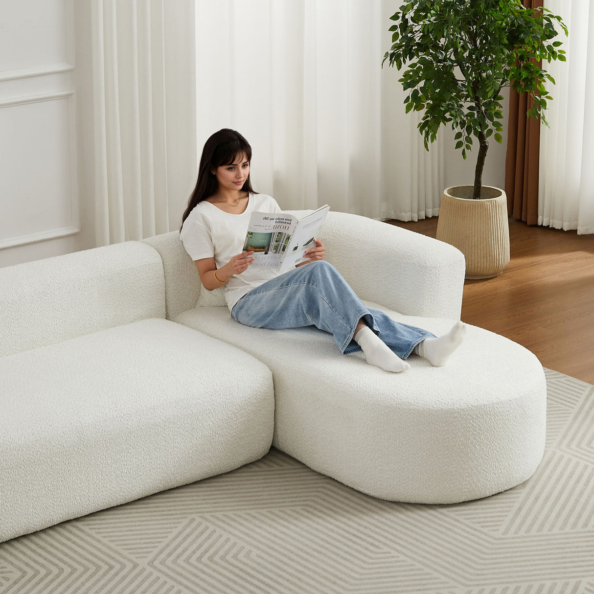 L - Shape Boneless Cloud Couch With 2 Throw Pillows For Living Room