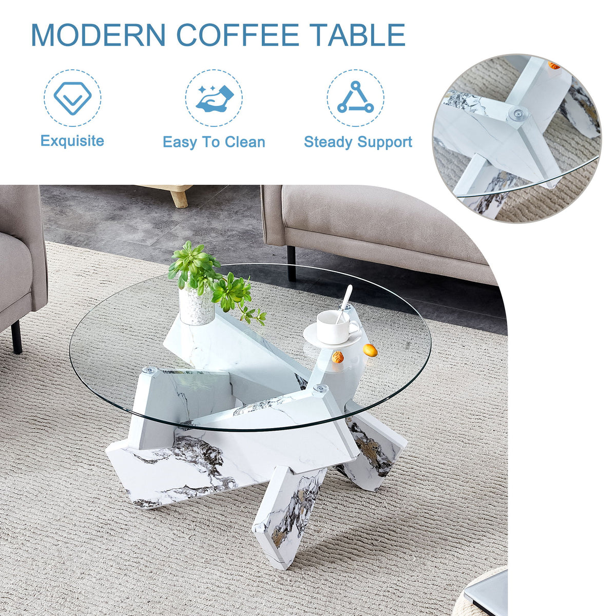 Modern Round Glass Coffee Table With Tempered Glass Countertop - White
