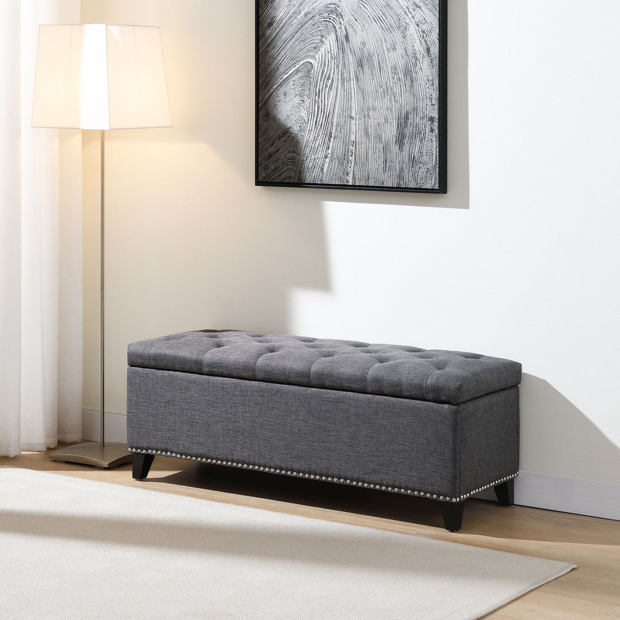 Button-Tufted Storage Ottoman With Safety Close Hinge