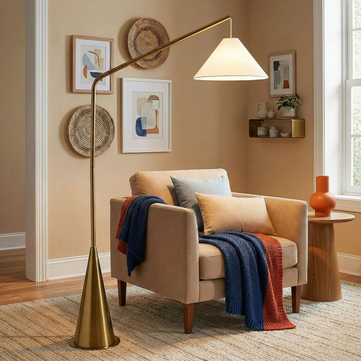 Lisbon - Floor Lamp With On / Off Switch Coned Base Hanging Shade - Antique Brass / White