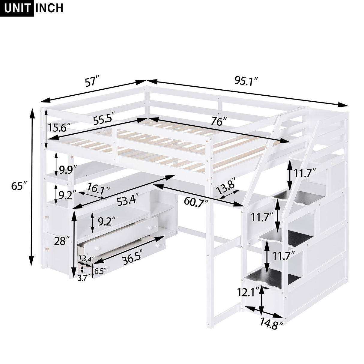 Loft Bed With Desk, Shelves, 2 Drawers, Storage Staircase