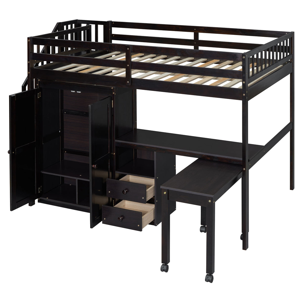 Full Size Loft Bed With Stairs, Bookshelf, Drawers, Desk & Wardrobe, Space Saving Multifunctional Furniture - Espresso