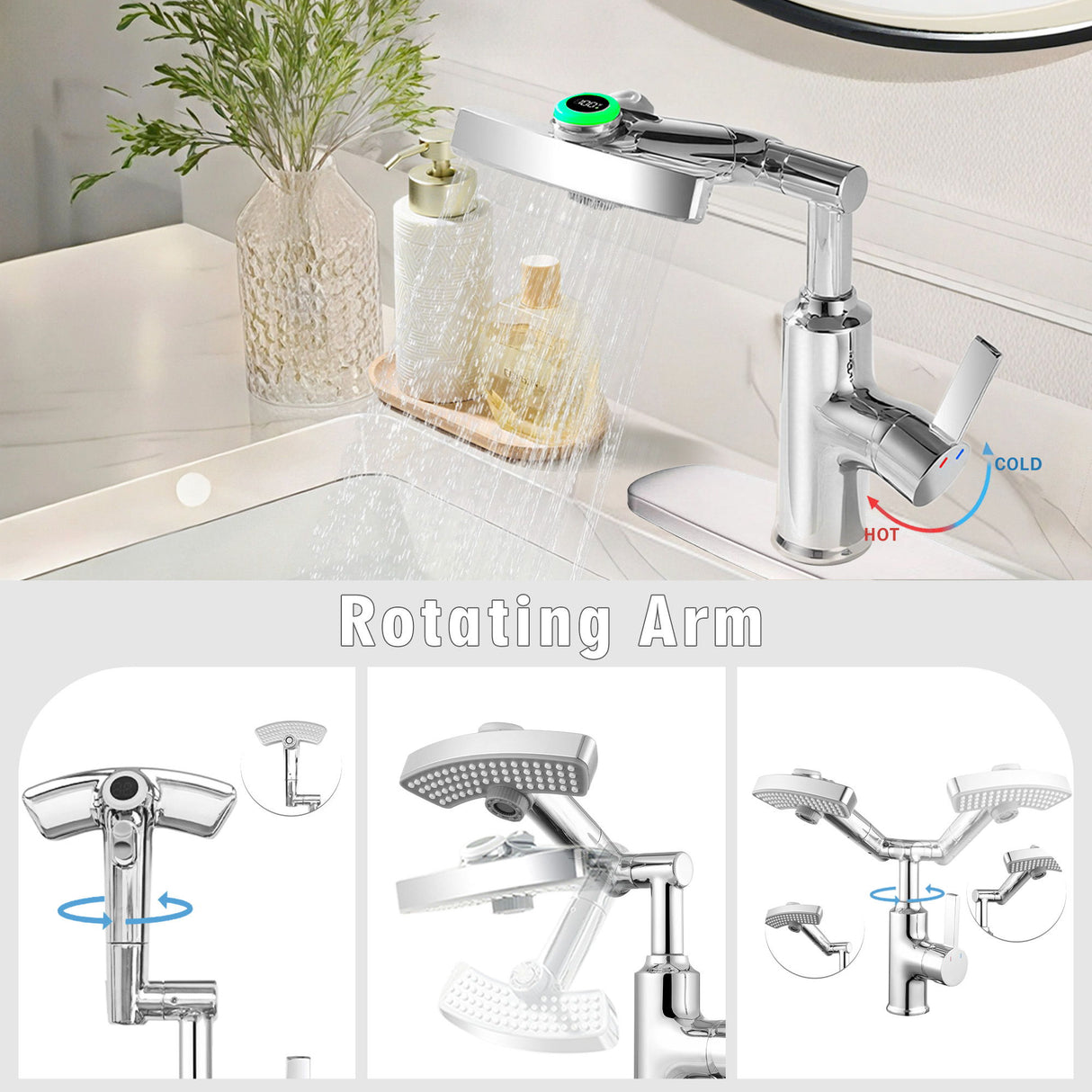 LED Temperature Display Bathroom Faucet With 3 Water Modes & 360° Rotating Spout - Chrome