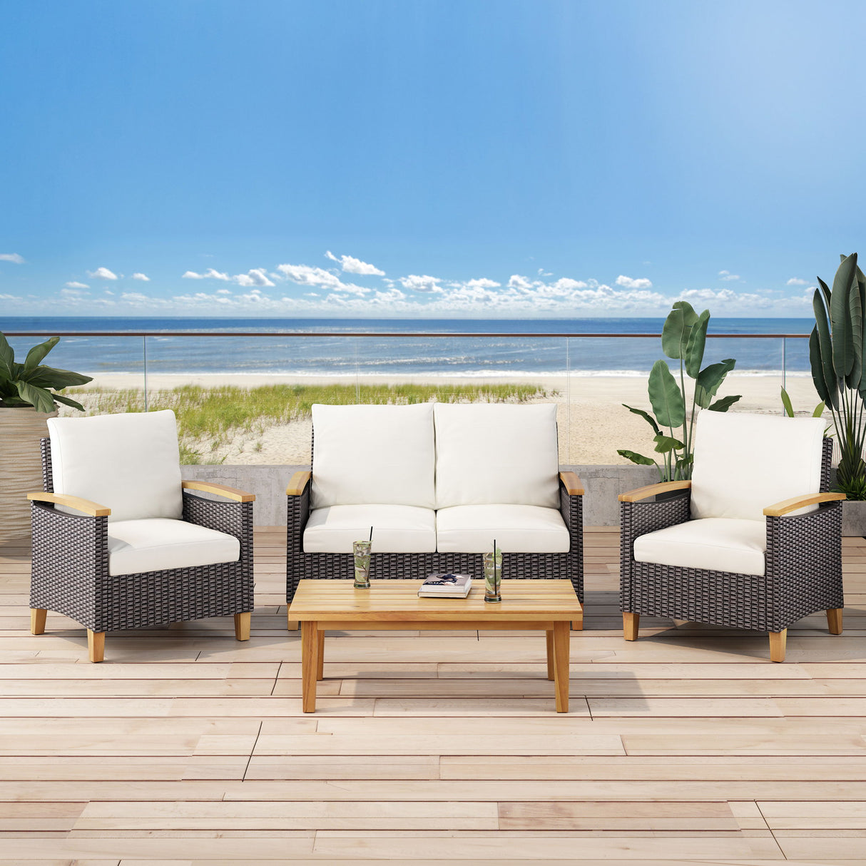 Isla - Transitional Chat Set With Water Resistant Cushions - Teak