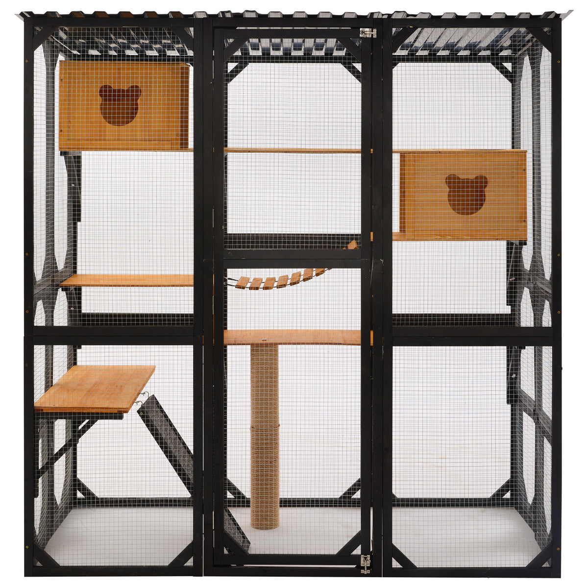 Outdoor Cat Enclosure Catio With Sleeping Houses, Jumping Platforms, Scratching Post, Secure Doors - Black / Brown