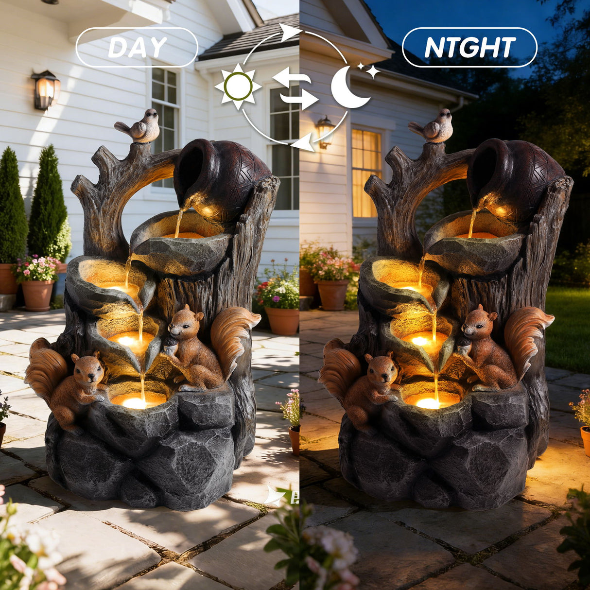 Outdoor Squirrel, Tiered Waterfall Fountain With LED Light For Patio - Gray