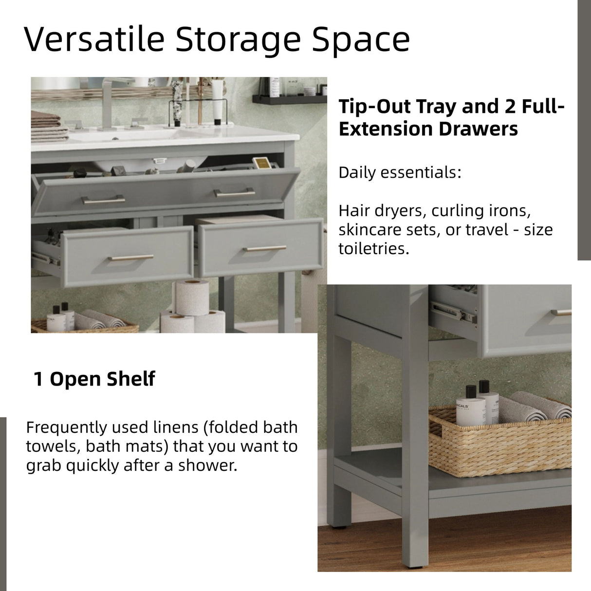 Bathroom Vanity With Sink, Tip Out Tray & 2 Full Extension Drawers - Gray