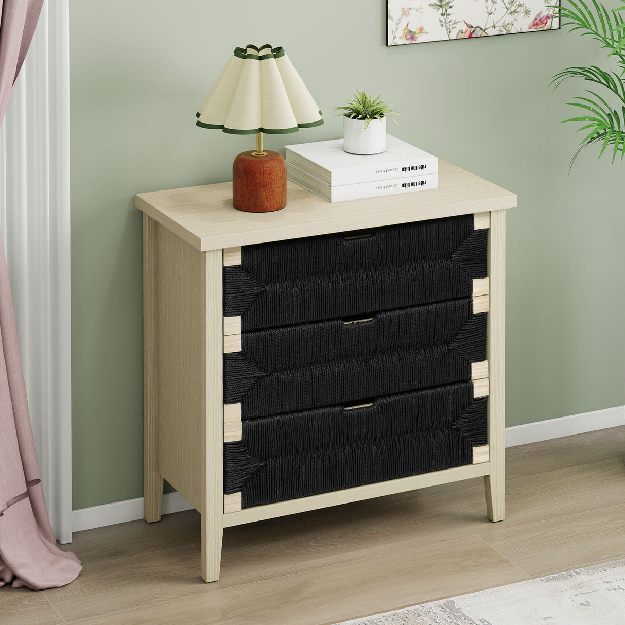 3 Drawer Buffet Sideboard With Adjustable Shelves, Storage Cabinet With Natural Seaweed Decor Doors For Living Room Kitchen Entryway - Natural