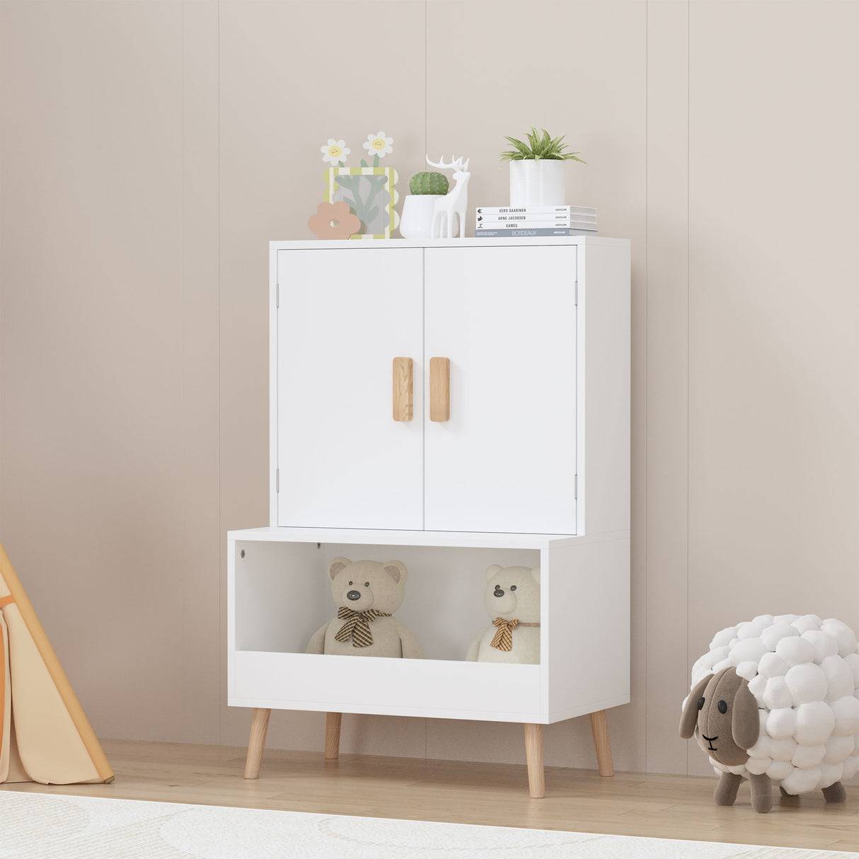 Toy Storage Cabinet With Doors And Open Shelf, Toddler Bookshelf For Playroom - White