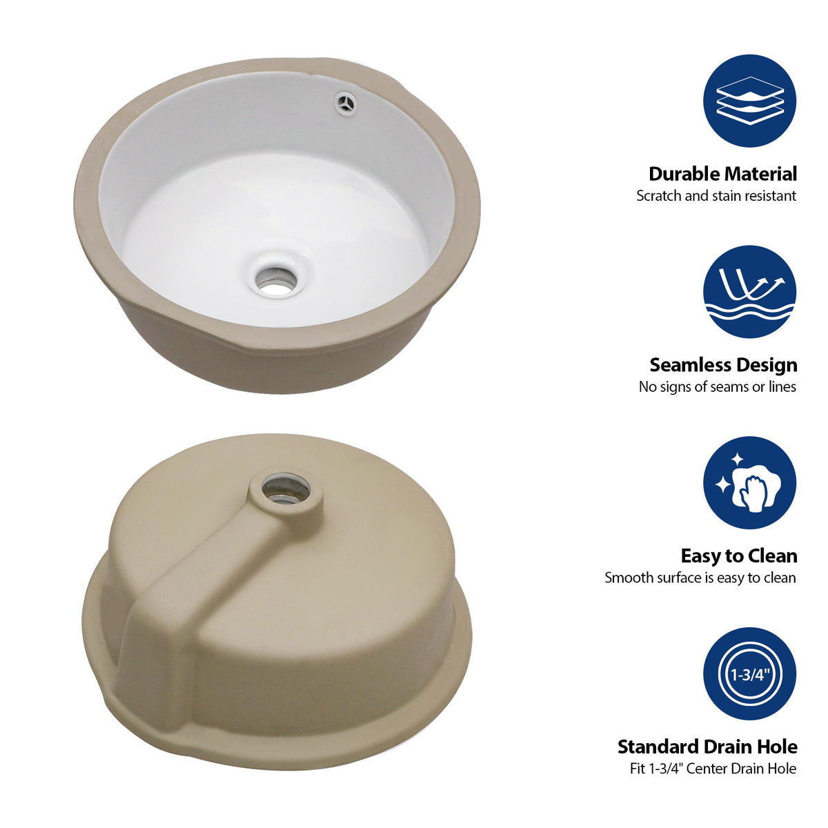 Ceramic Round Undermount Bathroom Sink With Overflow, European Style - White