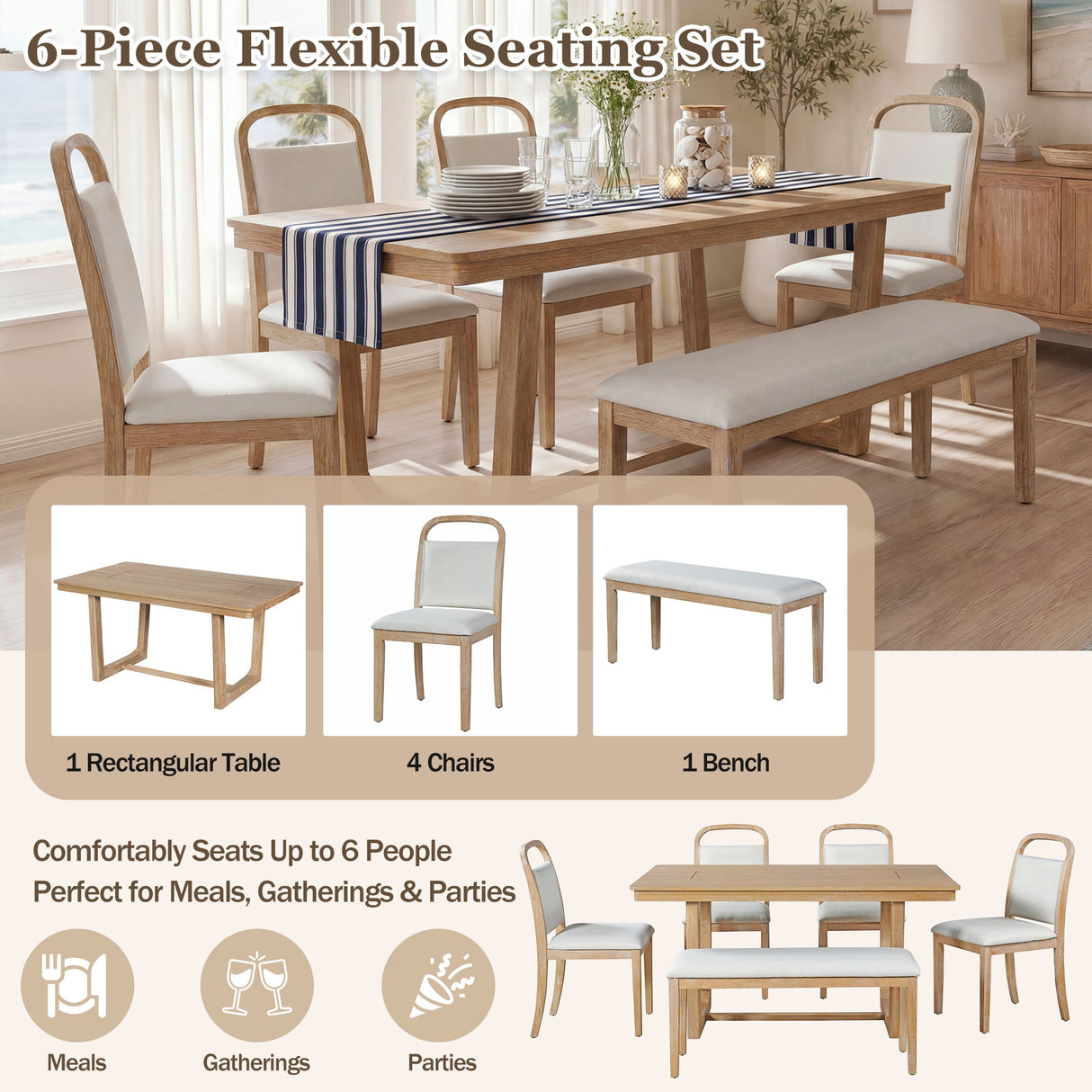 Farmhouse Dining Set With 4 Upholstered Chairs & 1 Bench