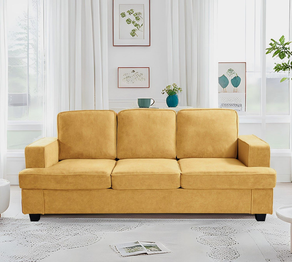 Modern Sofa, Comfortable 3 Seater Couch With Deep Seating, Loose Back Cushions, Wide Arms