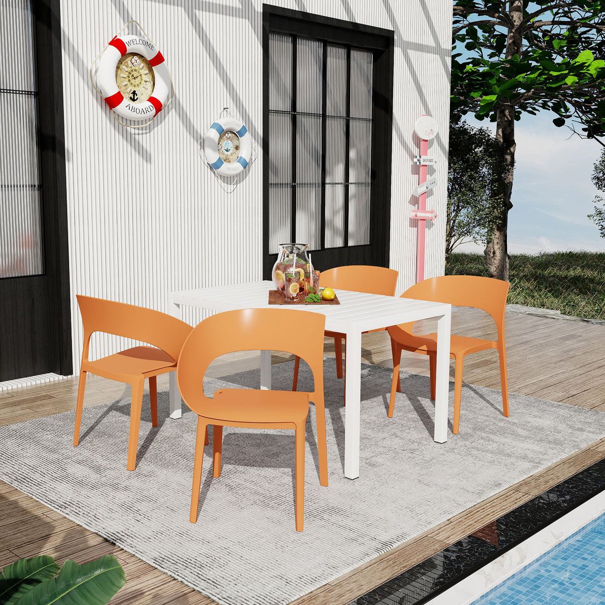 4 Piece Set Of Modern Designed Single Chairs With Long Table