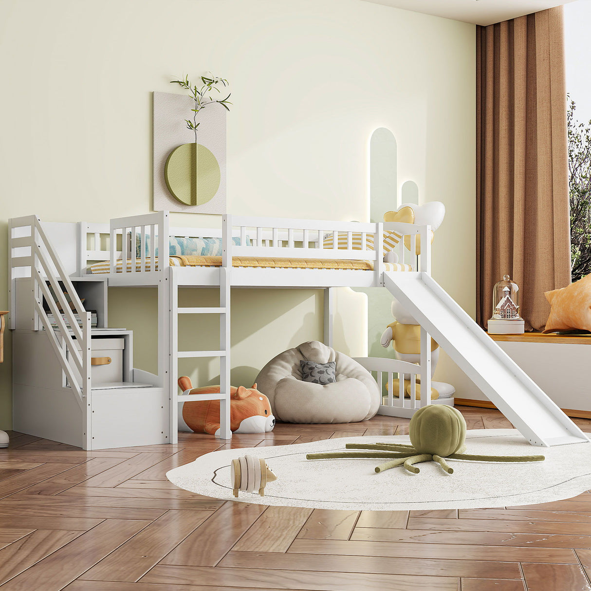 Loft Stairway Bed With 2 Drawers, Convertible Ladder And Slide