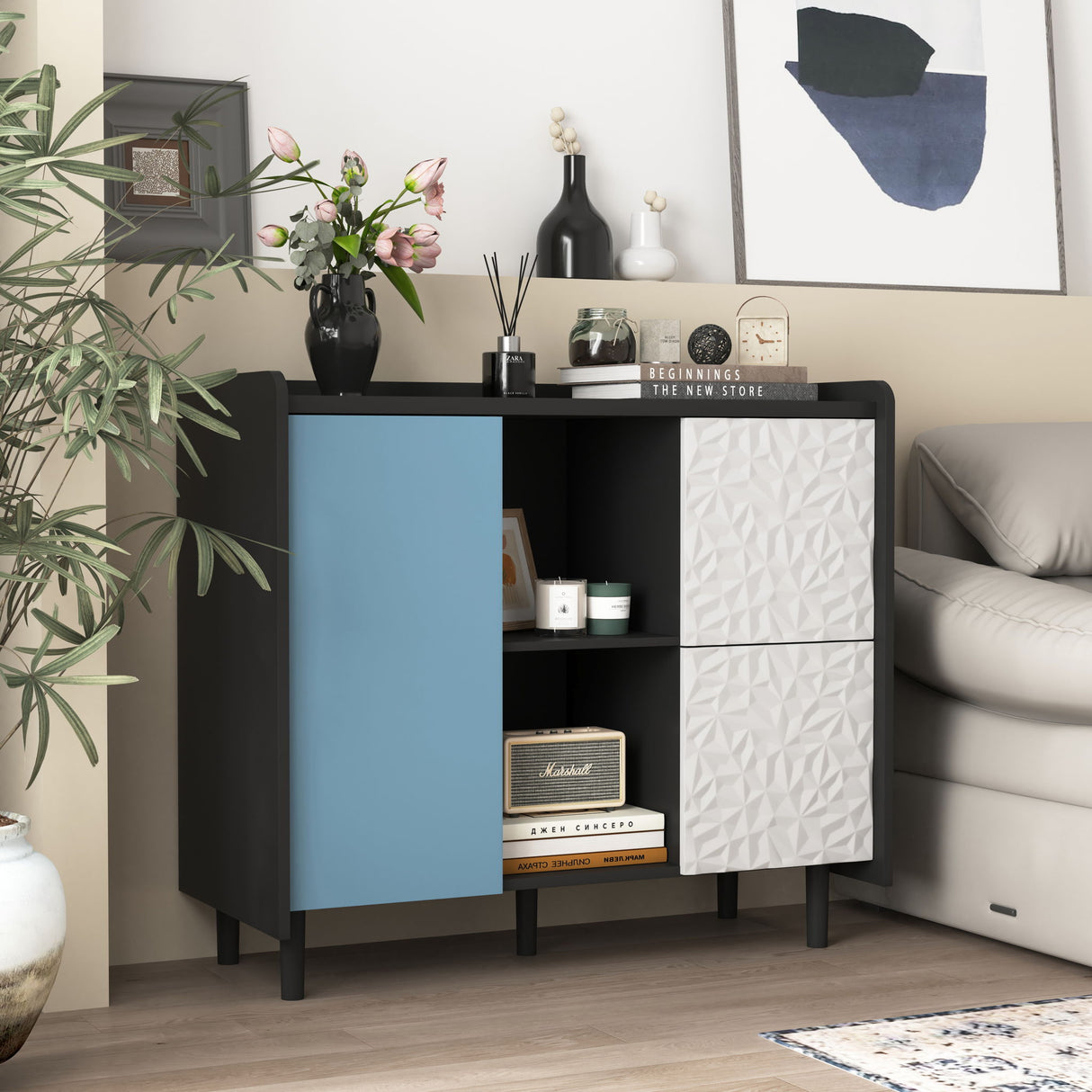 Sideboard Buffet Cabinet with Unique Panel Styling Wood Storage Drawers