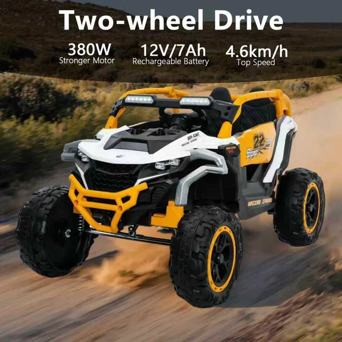 Ride On Models 12V Kids Electric Truck With Remote Control, Front & Rear Suspension, 2 Seater UTV, Flashlights, Music Player - Yellow / White