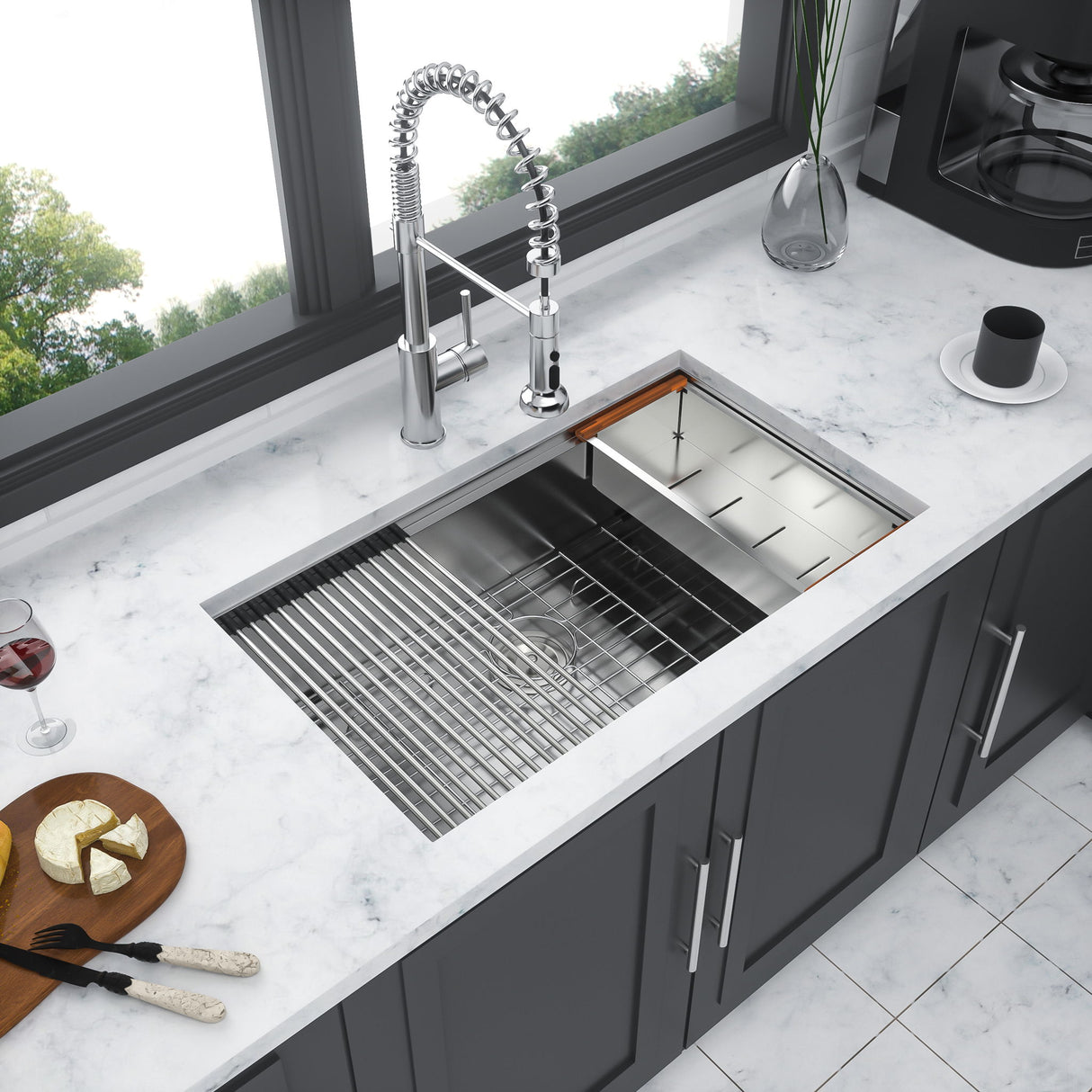 Premium Single Bowl Undermount Workstation Kitchen Sink With Accessories, Finish, 16 Gauge Stainless Steel - Black