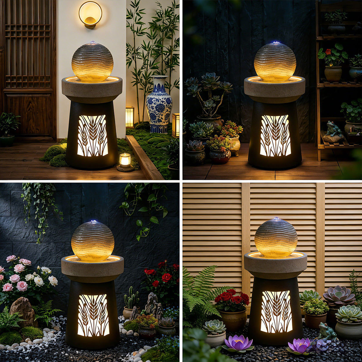 Outdoor Water Fountain, Warm LED Light - Brown