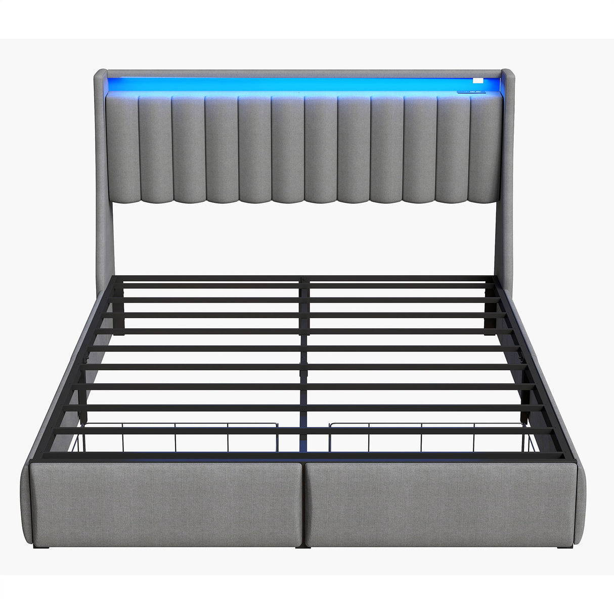 Upholstered Platform Bed Frame With RGB LED Lights, Charging Station & 2 Underbed Drawers