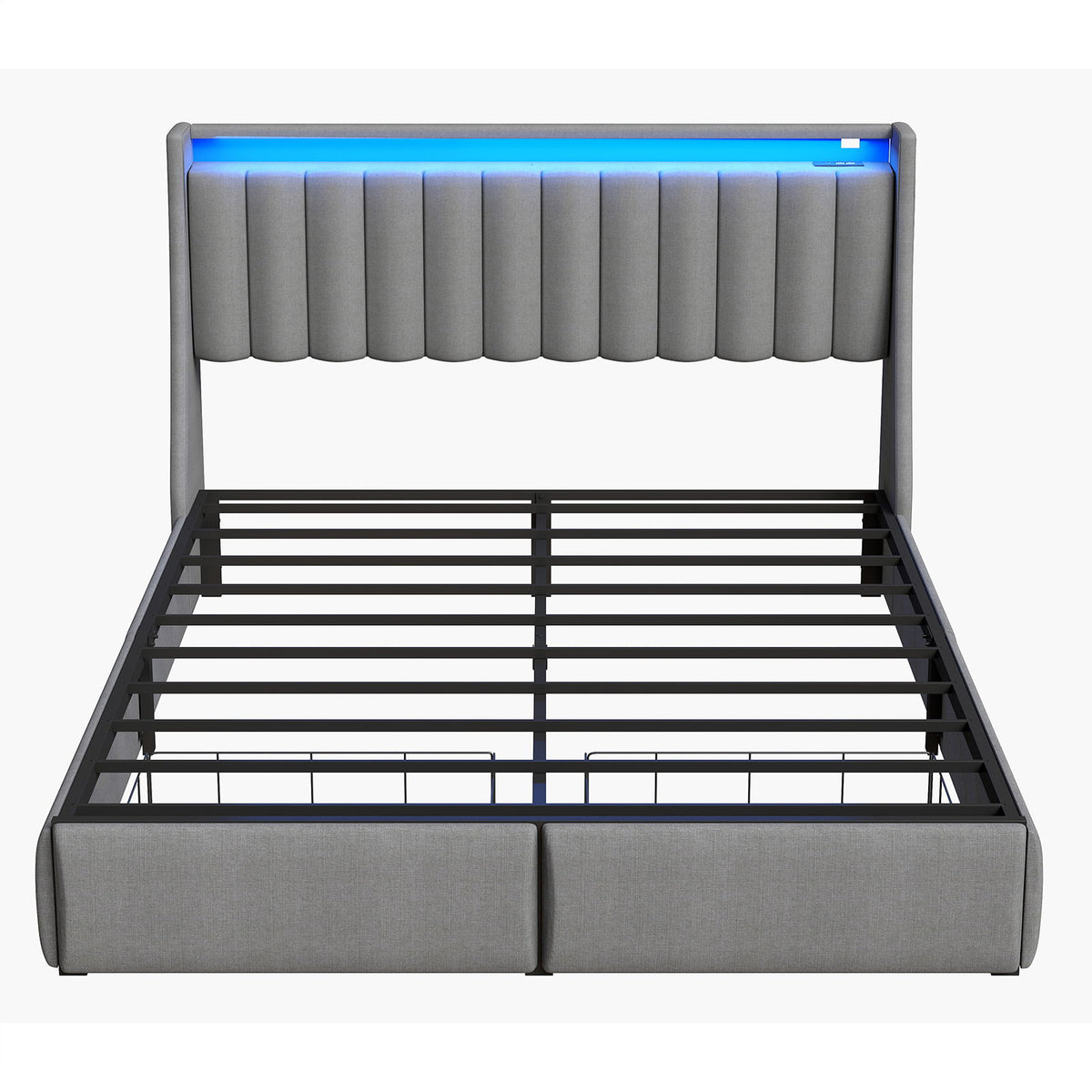 Upholstered Platform Bed Frame With RGB LED Lights, Charging Station & 2 Underbed Drawers