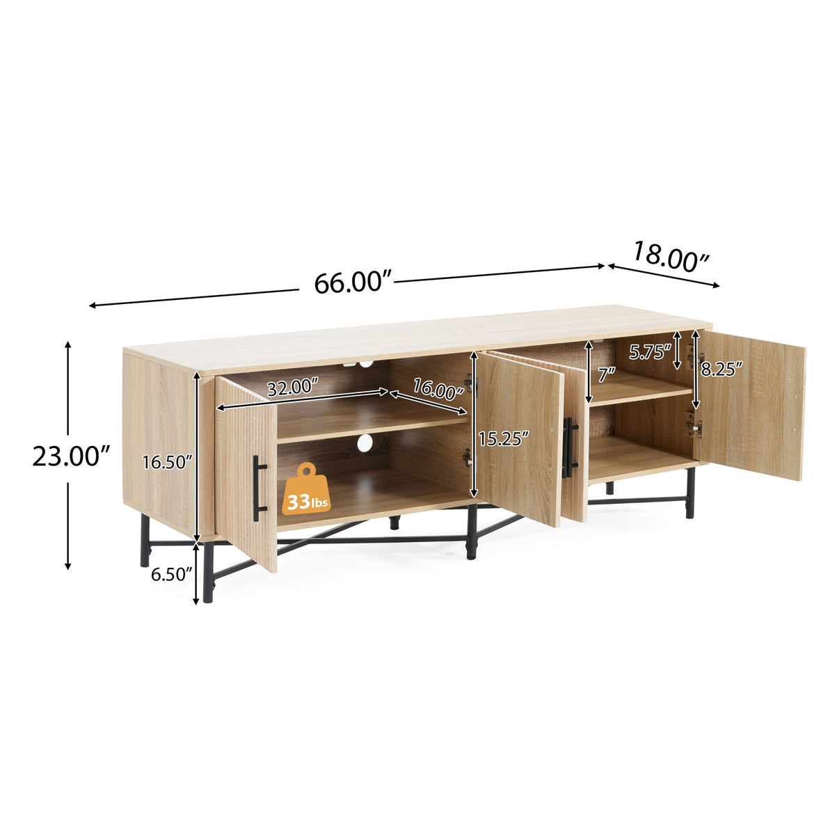 4 Door TV Cabinet, 2 Storage Spaces, Adjustable Shelves