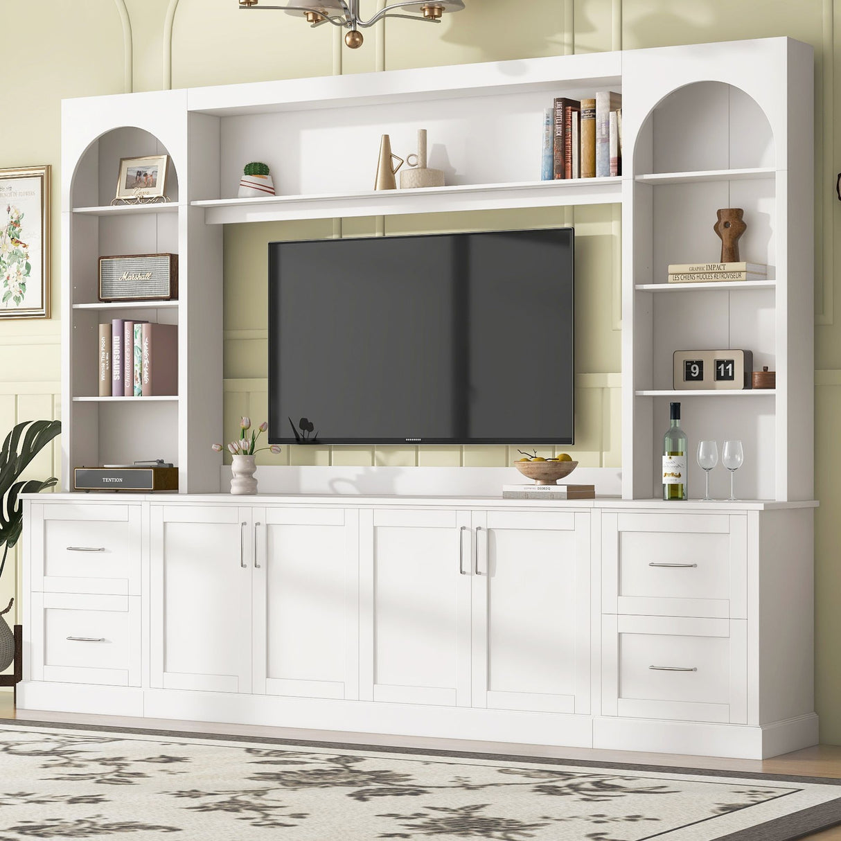 Arched Entertainment Center Wall Unit With Drawers, TV Stand