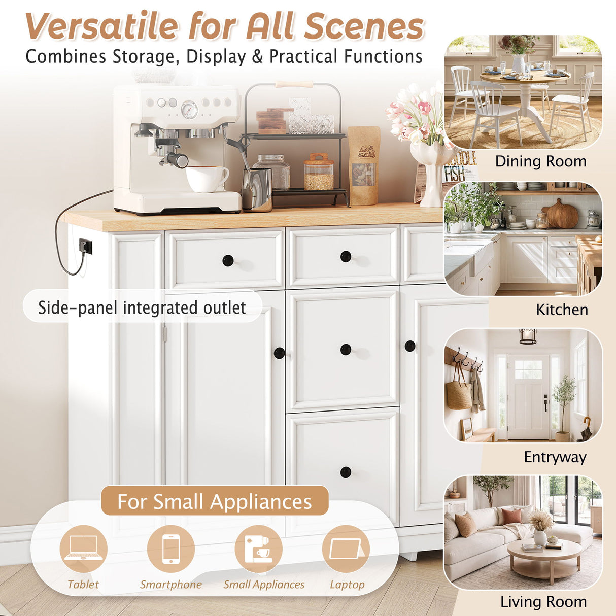 Sideboard Buffet Cabinet With 5 Drawers, 2 Cabinets, Adjustable Shelves, Kitchen Console Table For Dining Room - White