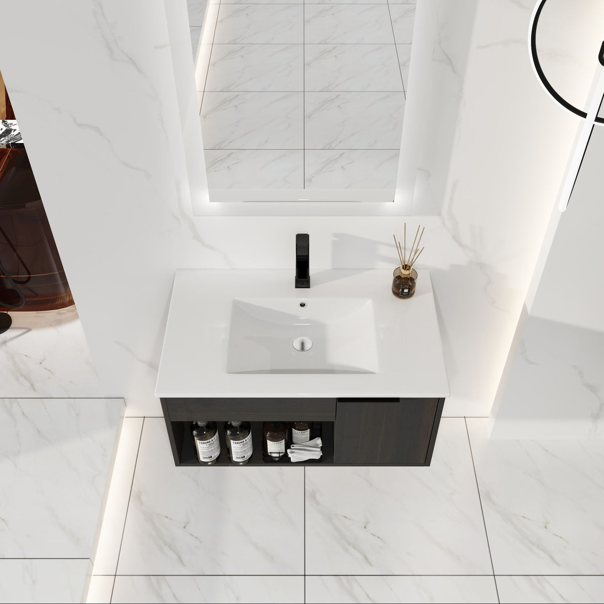 Wall Mounted Floating Bathroom Vanity With Open Shelf & Soft Close Door