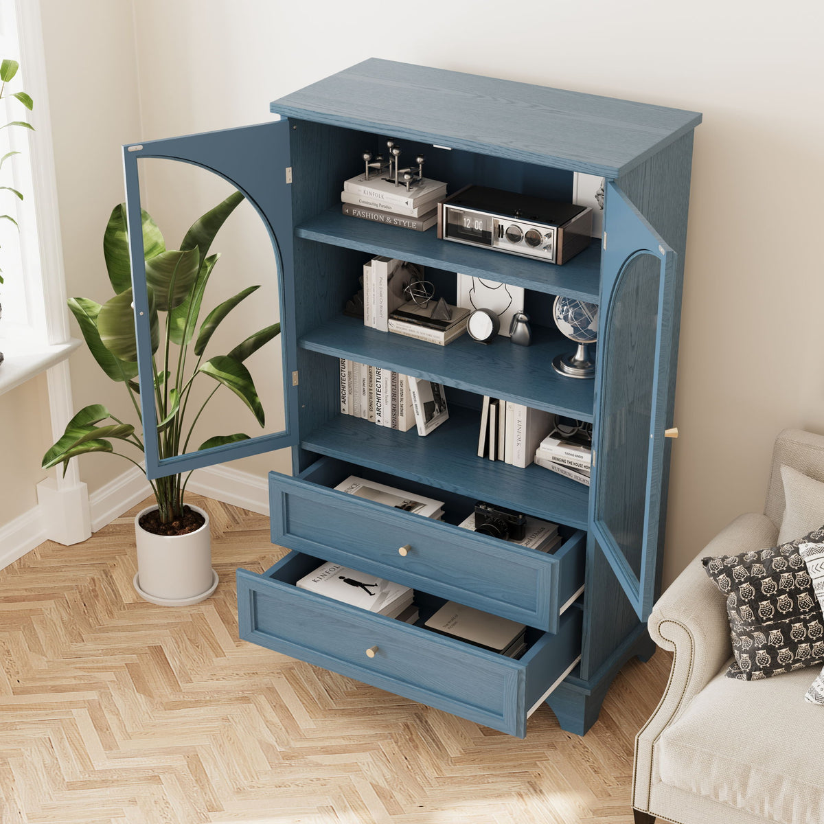 Glass Door Display Case With 2 Drawers And Adjustable Shelf