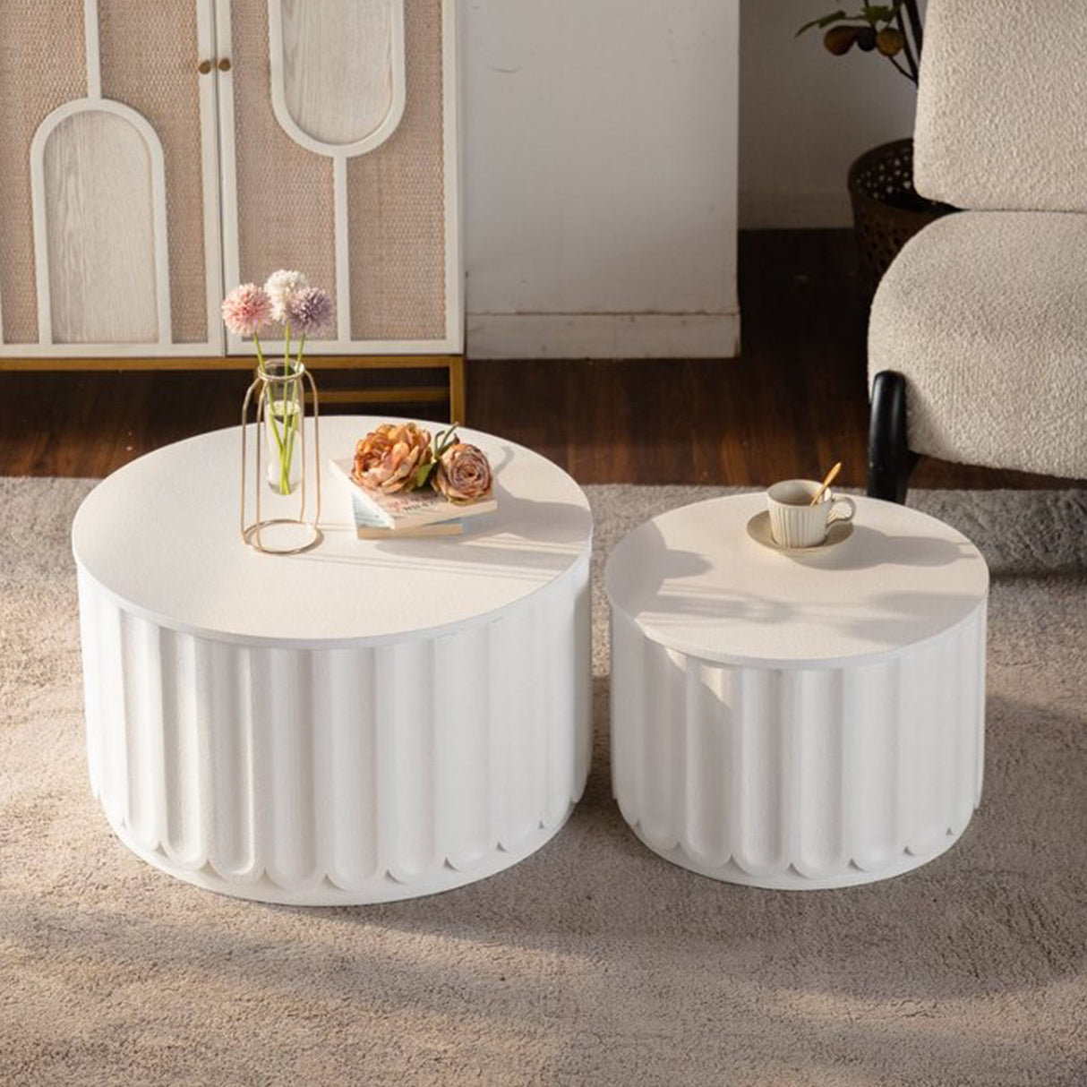Round Storage Table Set With Lift Off Lid, Nesting Design, Elegant Curved Edge Shape For Living Room - Cream White