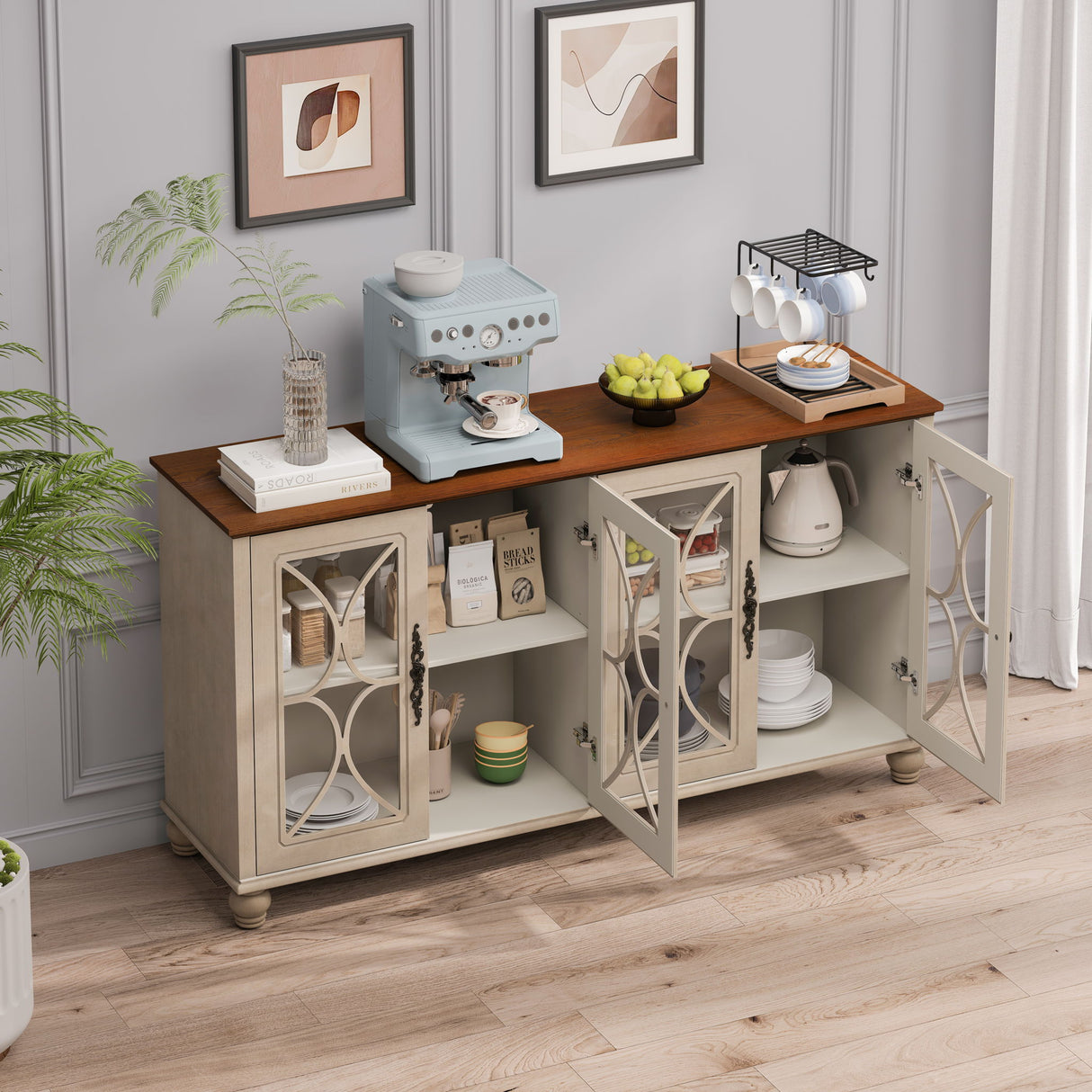 4 Door Sideboard Cabinet with Tempered Glass Doors and Wood 59x32in