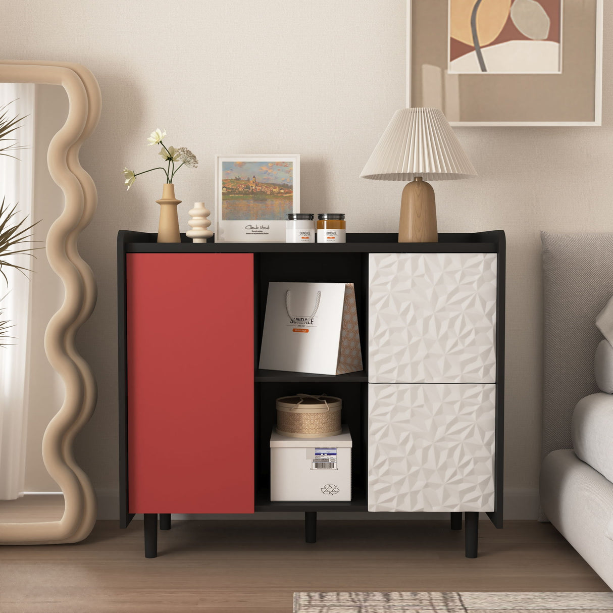 Sideboard Buffet Cabinet with Unique Panel Styling Wood Storage Drawers