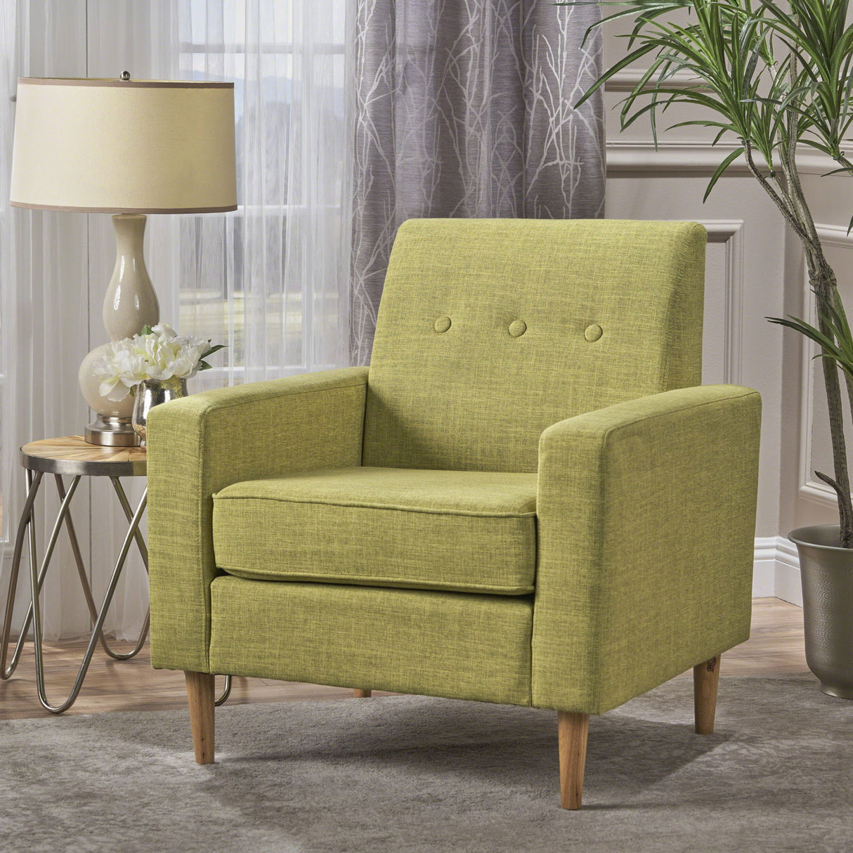 Modern Club Chair, Elegant Fabric With Rubberwood Legs - Green