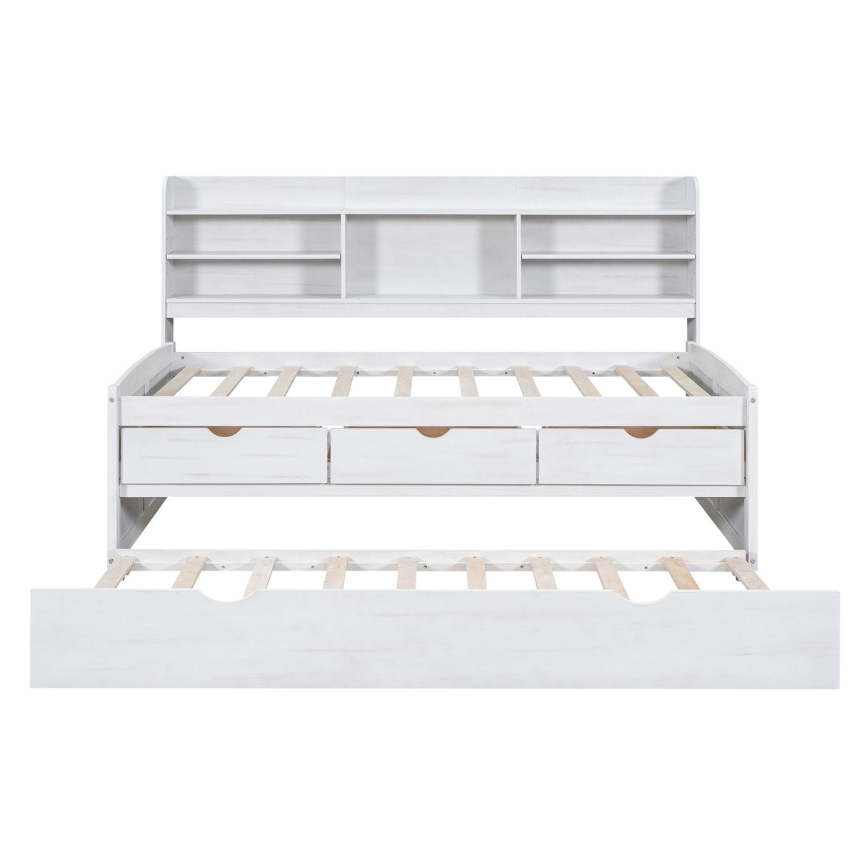 Captain Bed With Built In Bookshelves, 3 Storage Drawers, And Trundle