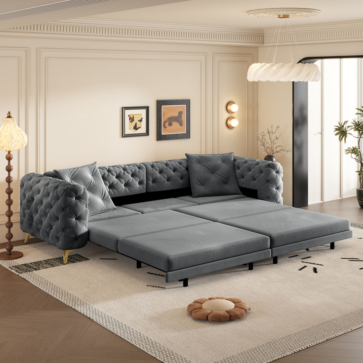 3 In 1 Convertible Sleeper, Deep Seat Pull Out Sofa Bed, Button Tufted