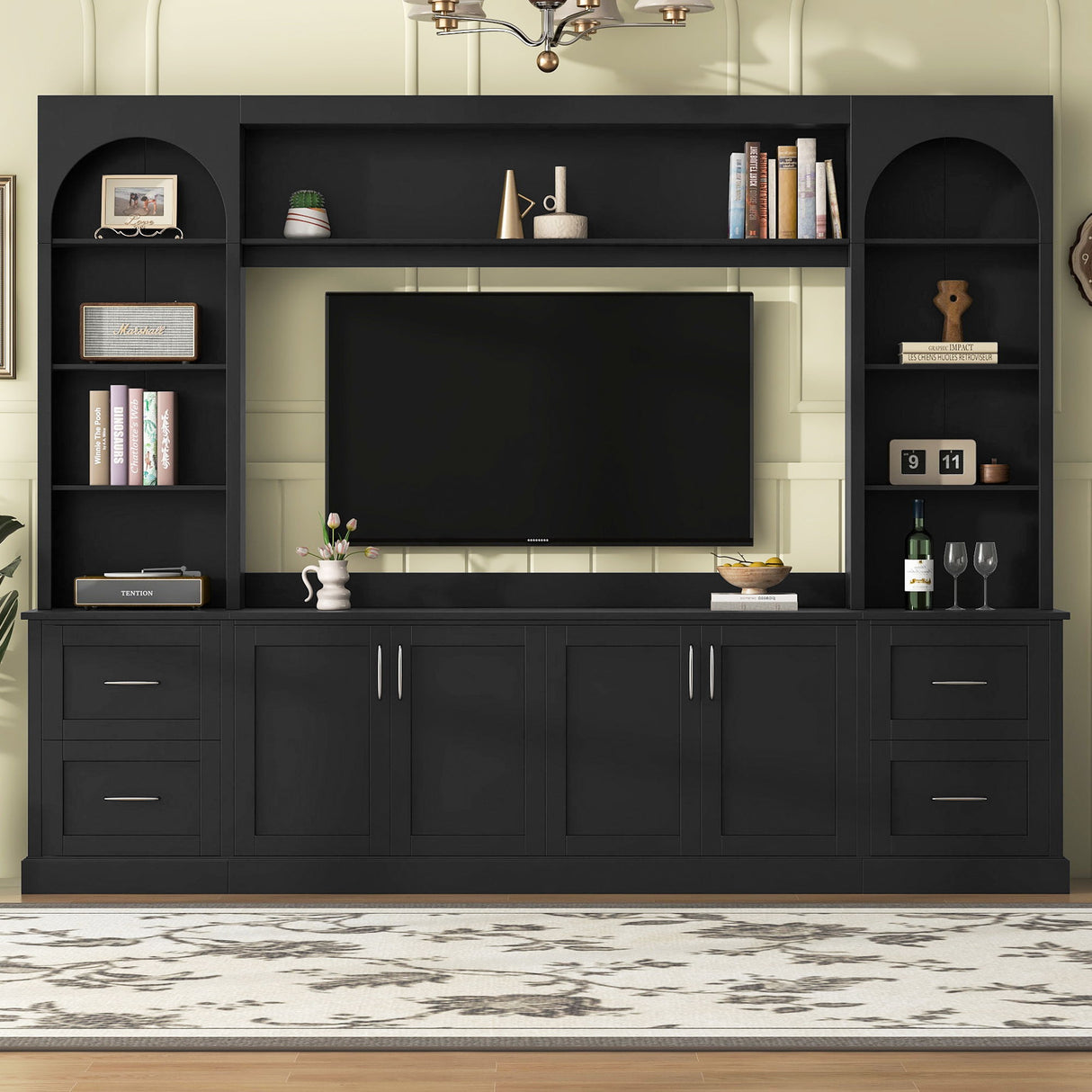 Arched Entertainment Center Wall Unit With Drawers, TV Stand