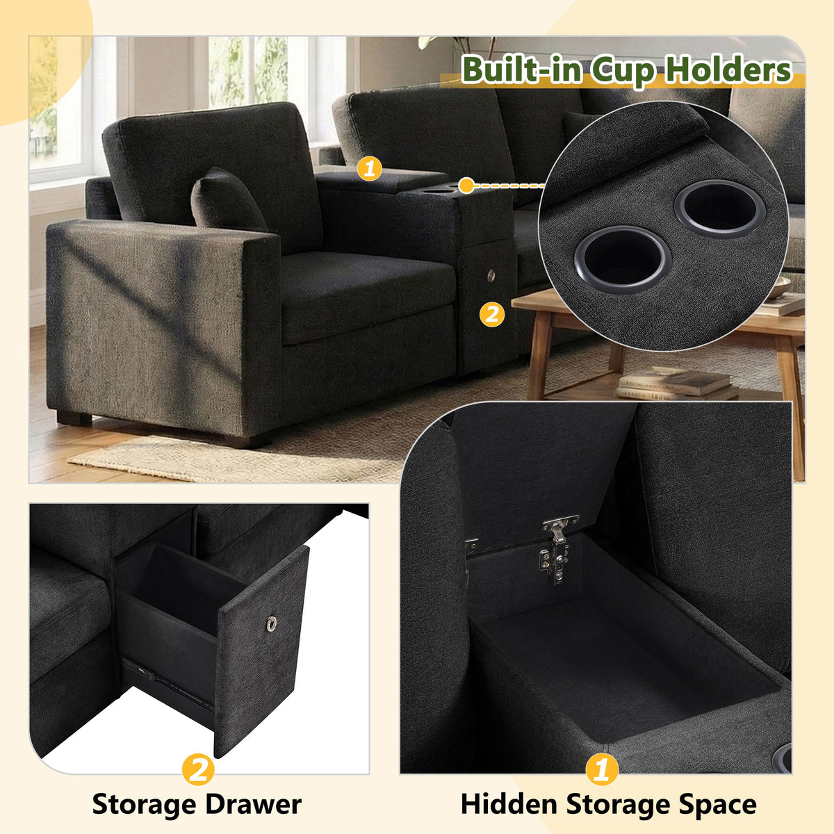 Modular 5 Seat U-Shape Sectional Sofa With Chaise Lounge, Built In Cup Holders And Storage Drawer