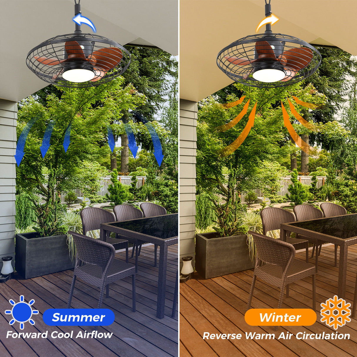 Outdoor Ceiling Fan With DC Motor And LED Light, Blades, Reversible For Patios - Black
