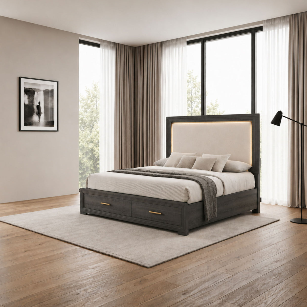 Colorado - Queen Bed With Upholstered LED Headboard - Charcoal